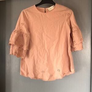 Piper and Scoot Womens S top Mauve Pink Embroidery Bell 3/4 Sleeves lace cotton